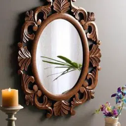 VAS collection home Brown Textured Wooden Oval Shaped Wall Mirror image 1