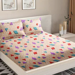 MODEFE Peach-Coloured & Blue Printed Cotton 180 TC Queen Bedsheet with 2 Pillow Covers image 1