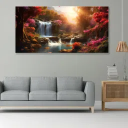 nestroots White Canvas Framed Enchanted Forest Waterfall Pink Serenity Wall Painting(18X36 Inch)-picture-23