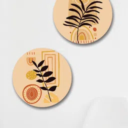 SAF Peach Colored 2 Pieces Abstract Leaves Round Shape Framed Painting Wall Art image 1