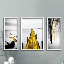 SAF Grey & Black 3 Pieces Water Bridge and Tree Painted UV Coating Wall Art image 1