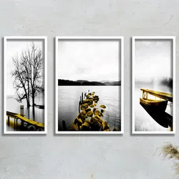 SAF 3 Pieces Grey & Black Water Bridge And Tree Painting UV Coating Wall Art image 1