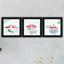 SAF White & Green 3 Pieces Flamingo-Painted Framed Wall Art image 1
