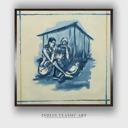 INDIAN CLASSIC ART Cream Colored & Blue Indian Folk Painting Wall Art-picture-34