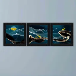 SAF Blue & Yellow 3 Pieces Abstract Painting Wall Arts-picture-18