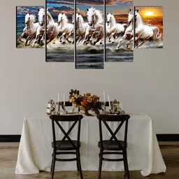 SAF Blue & White Set of 5 Seven Running Horses Painting Wall Art image 1