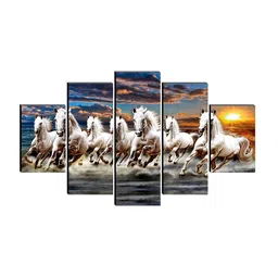 SAF Blue & White Set of 5 Seven Running Horses Painting Wall Art image 2