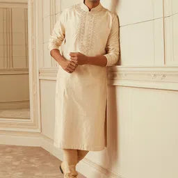 Tasva Men Beige Floral Embroidered Pure Silk Kurta Set with Churidar-image-69