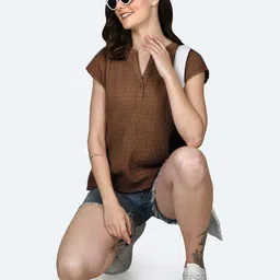 Zink London Self Design Mandarin Collar Extended Sleeves Top-image-13