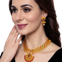 ANIKAS CREATION Gold-Plated Pink & Green Stone-Studded & Beaded Jewellery Set image 1