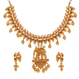 ANIKAS CREATION Gold-Plated Pink & Green Stone-Studded & Beaded Jewellery Set image 2