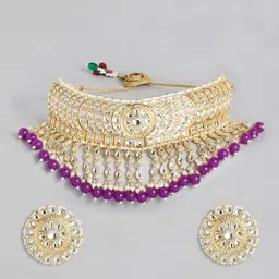 I Jewels Gold Plated Kundan & Pearls Studded Choker Jewellery Set image 2