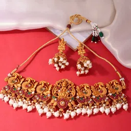 Fida Gold-Plated Pink & White Stone-Studded & Beaded Jewellery Set image 2