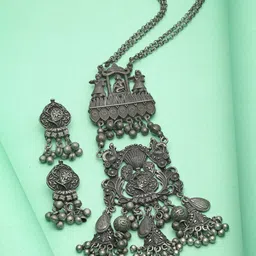 Moedbuille Silver Plated Tribal Tasselled Design Oxidised Jewellery Set-picture-21