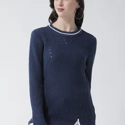Club York Women Blue & White Ribbed Pullover-image-26