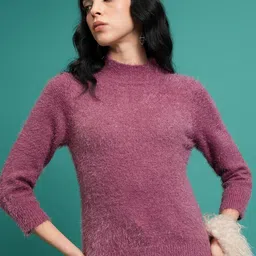 Tokyo Talkies Purple Mock Collar Acrylic Pullover-image-43