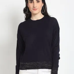 Club York Women Navy Blue Round Neck Long Sleeves Wool Pullover-image-92