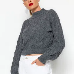 Trendyol Self Design Cable Knit High Neck Pullover-picture-35