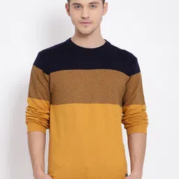 t-base Men Navy Blue & Yellow Colourblocked Cotton Pullover Sweater-picture-19