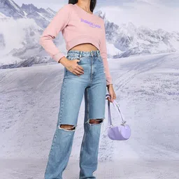 Tokyo Talkies Pink Typography Printed Long Sleeves Cropped Pullover image 3