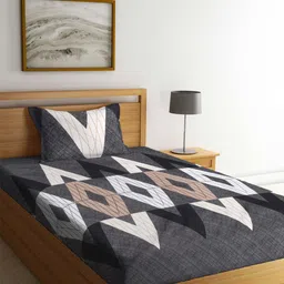 KLOTTHE Grey & White Geometric Printed 300 TC Fitted Single Bedsheet & Pillow Cover-picture-26