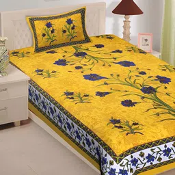UNIBLISS Yellow & Blue Floral Printed Cotton 144 TC Single Bedsheet With 1 Pillow Cover-picture-40