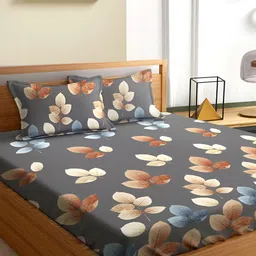 Aura Grey & Blue Floral 180 TC Queen Bedsheet With 2 Pillow Covers-image-94
