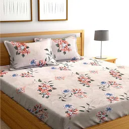 AEROHAVEN Beige & Red Floral Cotton 240 TC Queen Bedsheet With 2 Pillow Covers-image-69
