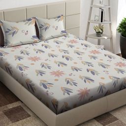 Arrabi Cream-Coloured & Grey Floral 300 TC King Bedsheet with 2 Pillow Covers-picture-43