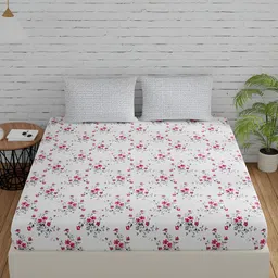 Huesland White & Grey Floral Printed Cotton 144 TC Queen Bedsheet with 2 Pillow Covers-picture-11