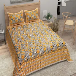 Bombay Spreads Yellow Printed Pure Cotton 144 TC Double King Bedsheet With 2 Pillow Covers-image-29