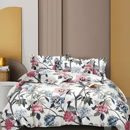DECOREZA White & Pink Floral Printed 300 TC King Fitted Bedsheet with 2 Pillow Covers-picture-18