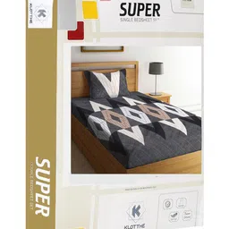 KLOTTHE Grey & White Geometric Printed 300 TC Fitted Single Bedsheet & Pillow Cover image 2