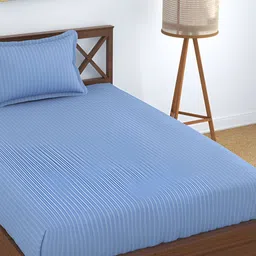 UrbanArts Turquoise Blue Striped 200 TC Single Bedsheet with 1 Pillow Cover-image-1