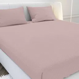 mayfair homes london Pink Solid 210 TC Cotton Fitted Bedsheet with 2 Pillow Covers Satin Stripe 2024 Collection-picture-17