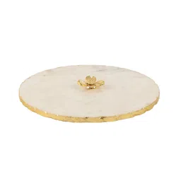 nikkispride Marble Platter White Round With Gold Foil Work Metal Flower Embedded ite Plain image 3