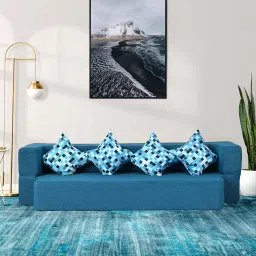 seventh heaven Laze Jute Fabric 4 Seater Sofa Cum Bed with 4 Printed Cushions in Sky Blue Colour image 1