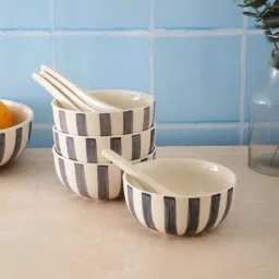 vareesha Crosswalk Grey Striped White Ceramic Soup Bowls (Set of 6) with Spoons-picture-20