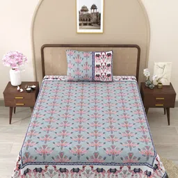 JAIPUR FABRIC Grey & Pink Floral Single Bedsheet with 1 Pillow Covers-image-39