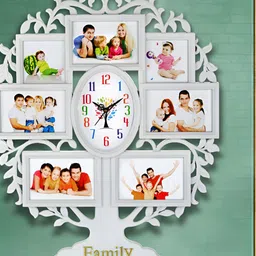 Attractionz White Oval Shaped Textured Tree Photo Frame Contemporary Wall Clock-image-58