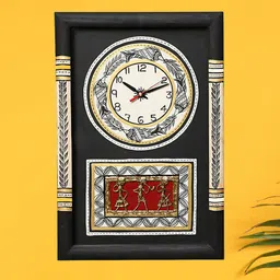 AAKRITI ART CREATIONS Black Warli Art Printed Rectangle Analogue Wall Clock image 1