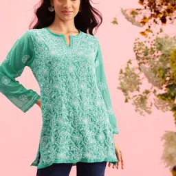 ADA Sea Green & White Ethnic Motifs Embroidered Chikankari Handloom Kurti-picture-27