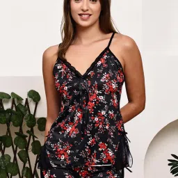 PrettyCat Black Printed Regular Cami Top with Shorts-image-82