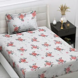 FABINALIV Grey Floral Cotton Blend Single Bedsheet with Pillow Cover-picture-15