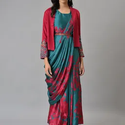 WISHFUL Green & Red Floral Satin Ethnic Maxi Dress-picture-11