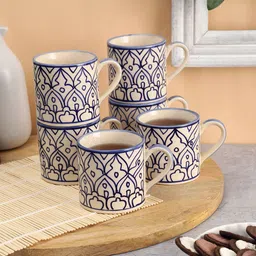 VarEesha White And Blue Set Of 6 Hand painted Ceramic Glossy Mugs 150 ml Each image 1