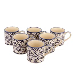 VarEesha White And Blue Set Of 6 Hand painted Ceramic Glossy Mugs 150 ml Each image 4