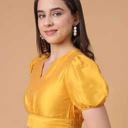 Frolic Rolic Yellow Silk Blend V-Neck Puff Sleeves Blouse image 3