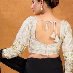KALINI Woven-Design Zari Padded Saree Blouse With Tie Up Details image 5