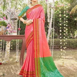 Anouk Pink & Green Ethnic Motifs Woven Design Zari Art Silk Kanjeevaram Saree-image-46